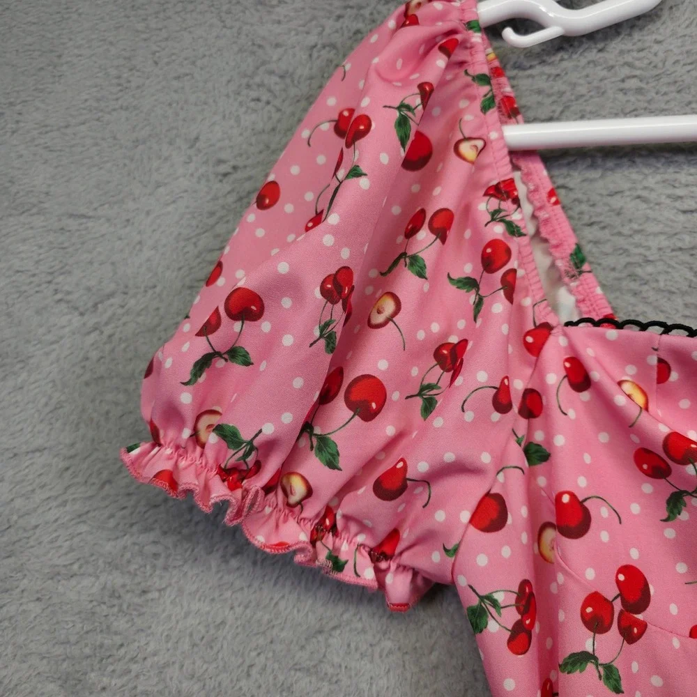 Womens Babydoll Pinup Dress L Pink Puff Sleeve Cherry Draped Coquette Mini‎